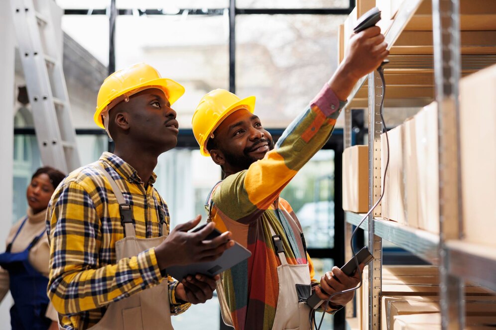 warehouse-smiling-colleagues-scanning-cardboard-box-barcode-chatting_482257-77667